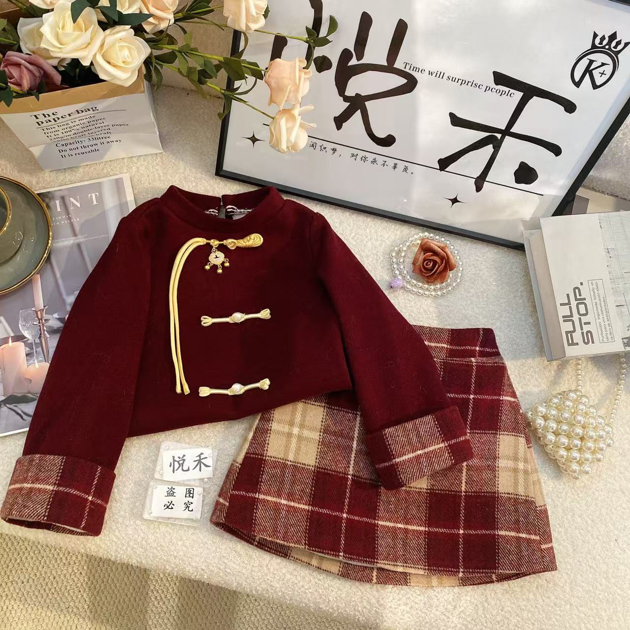 Y3【悦禾】新款上新安格拉红百搭洋气新中式格子学院风童装套装7424