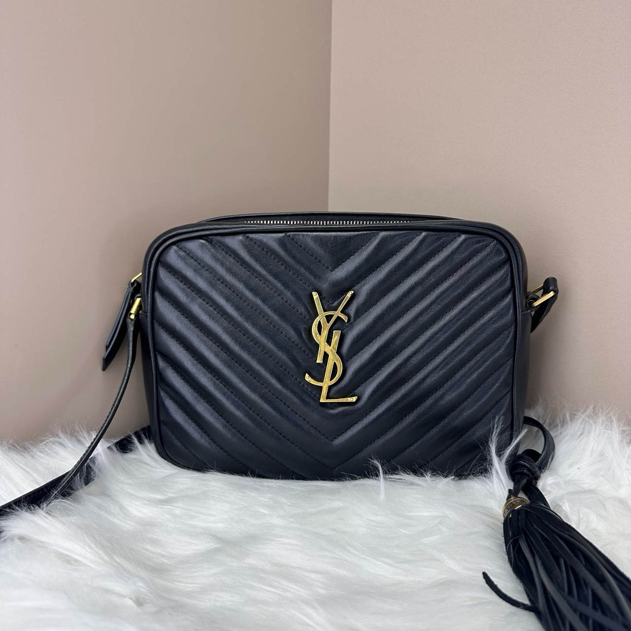 95新 YSL/圣罗兰 黑金流苏相机包中号
