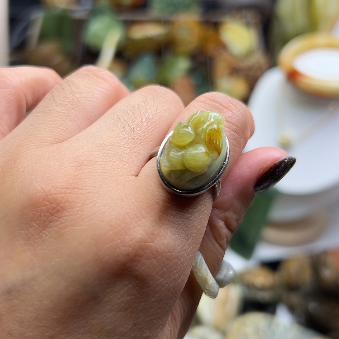 银S925镶嵌岫玉颈饰花玉狐狸戒指银镶嵌