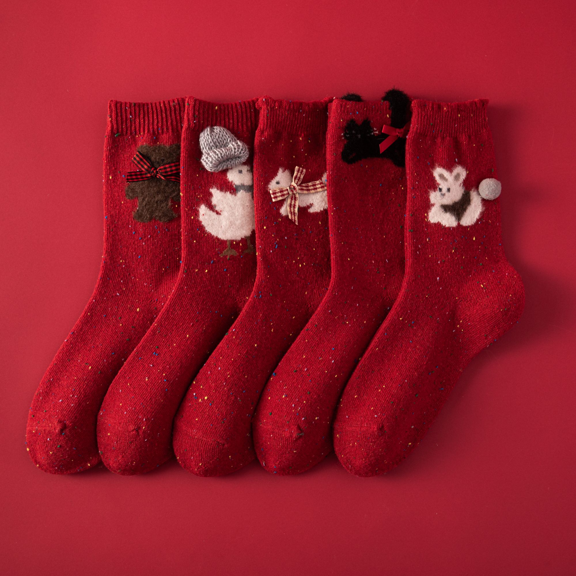 秋冬袜子女中筒本命年点子纱羊毛大红袜可爱卡通饰品蝴蝶结堆堆袜