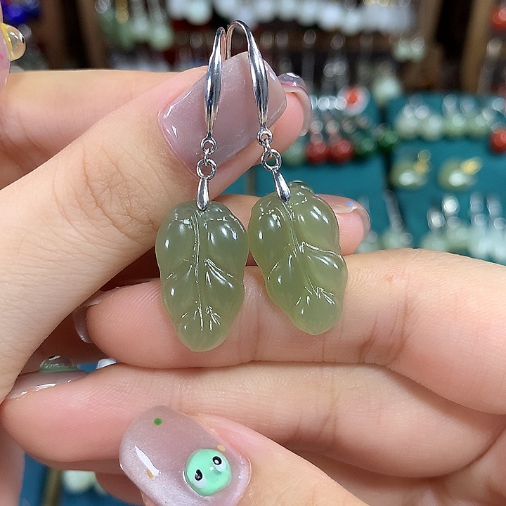 和田玉银S925镶嵌耳饰金枝玉叶