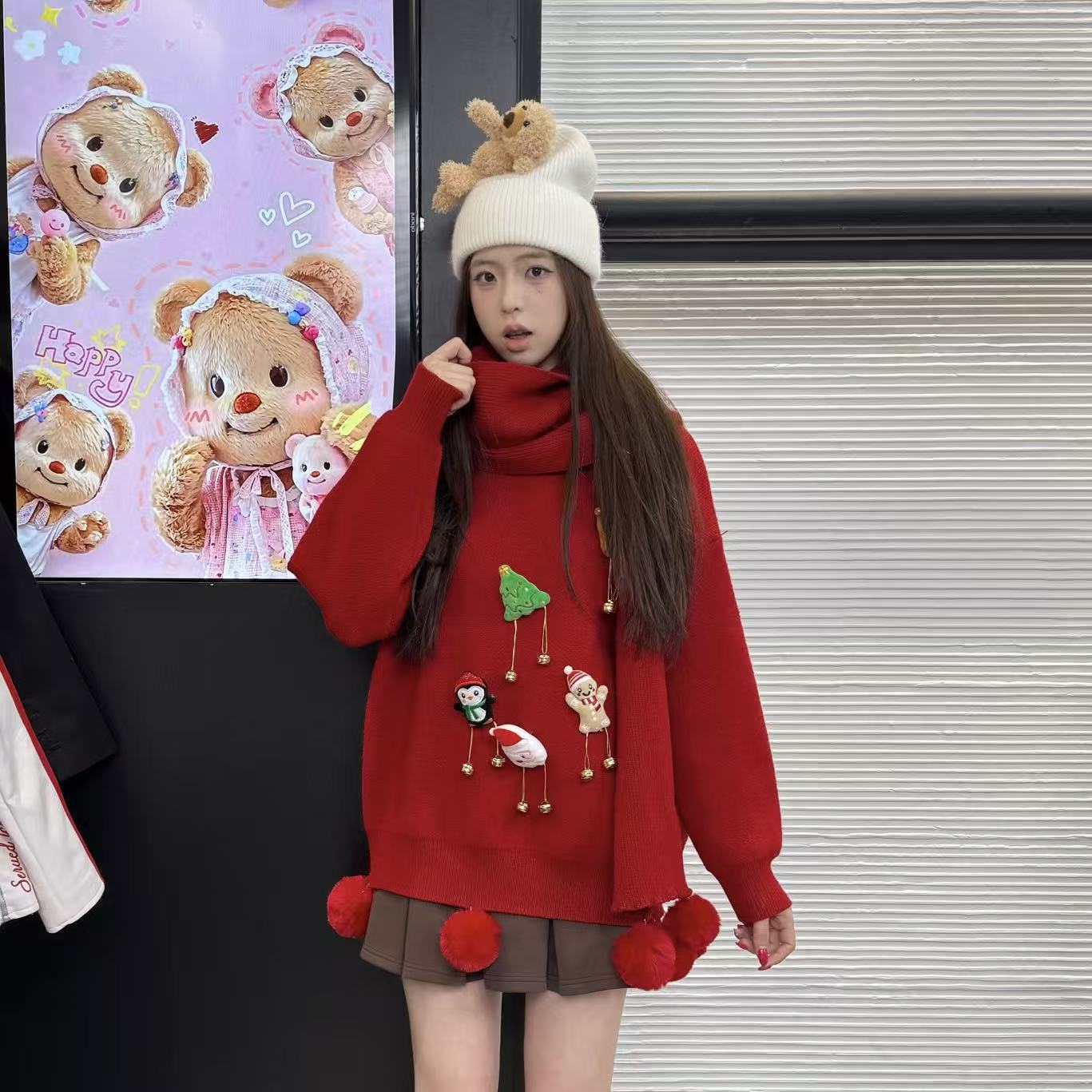 【浪漫血液】秋冬红色百搭宽松圆领套头圣诞氛围感针织毛衣女【282】