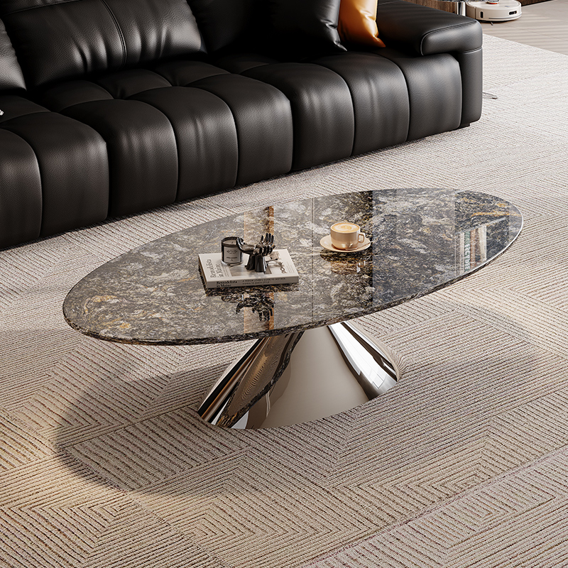 意式轻奢天然奢石茶几客厅家用小户型椭圆铂金转大理石飞碟高级