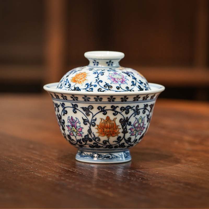 青花加彩缠枝莲盖碗茶具手工陶瓷中式花纹茶道景德镇