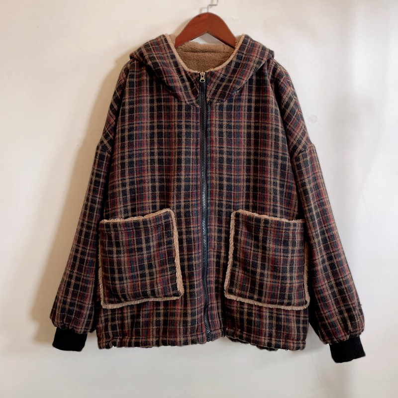 加绒加厚保暖连帽棉服年轻中年妈妈装百搭格子冬季新款YX301337