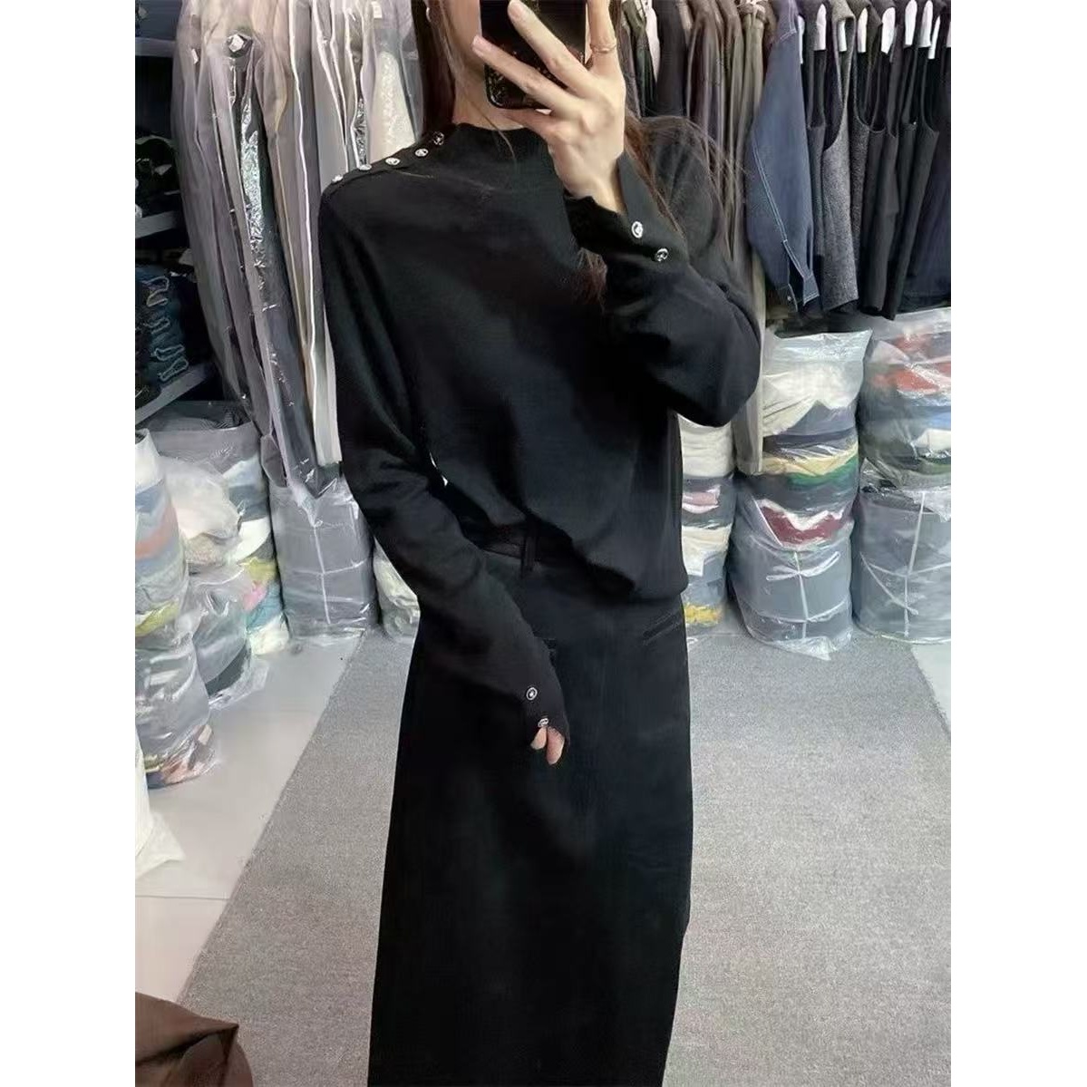 08103韩系百搭斜肩五粒扣半高领领羊毛针织衫上衣秋冬打底衫