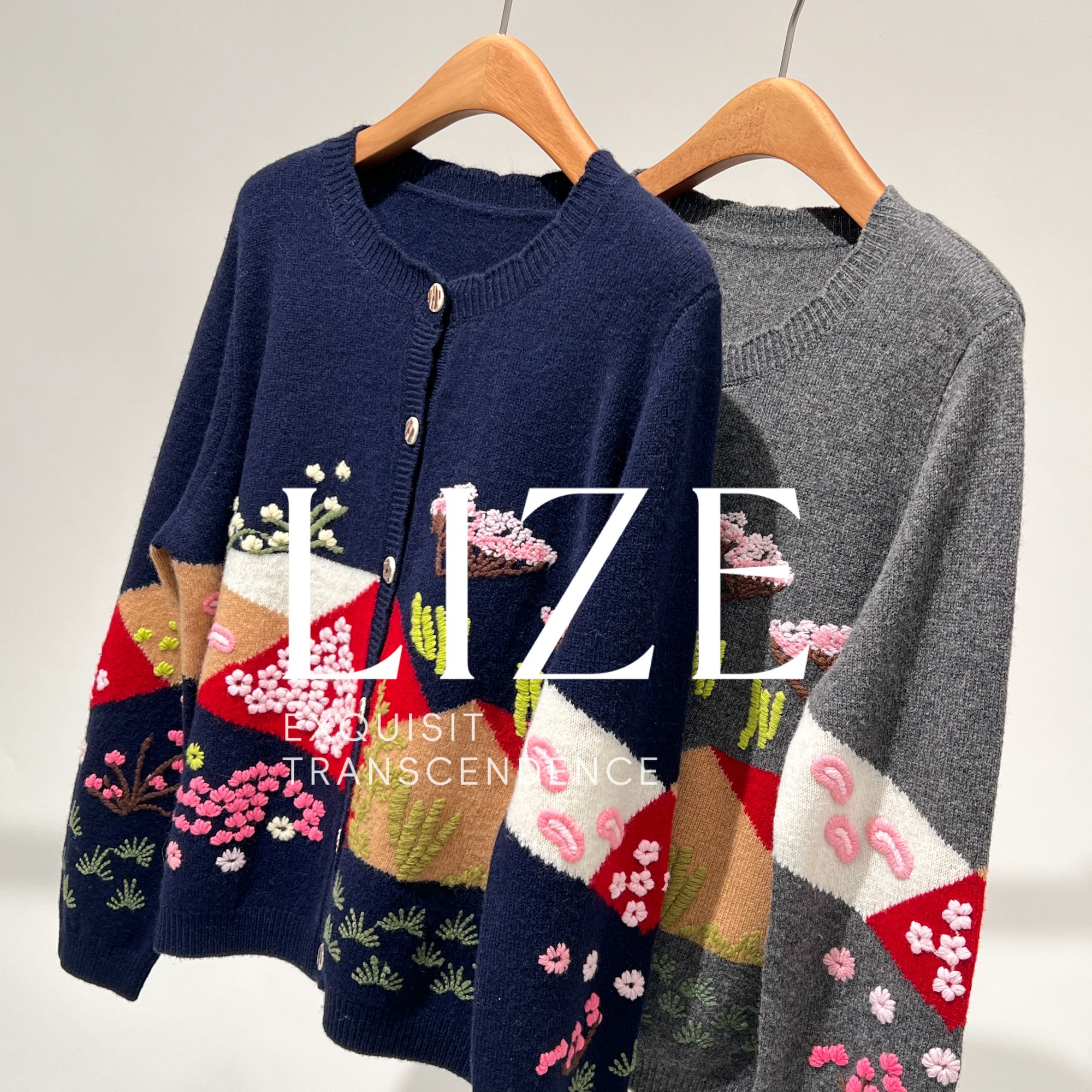 LIZE「L0874」100绵羊毛.重磅立体提花毛衣外套