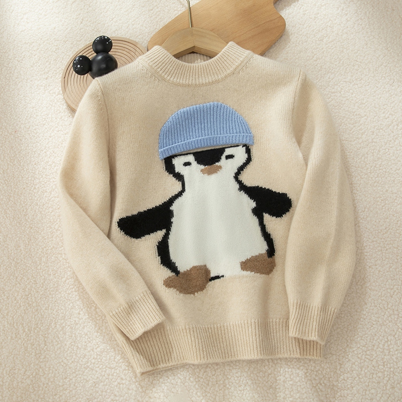秋冬季半高领针织加厚羊绒毛衣针织打底衫卡通中小童米色企鹅长袖