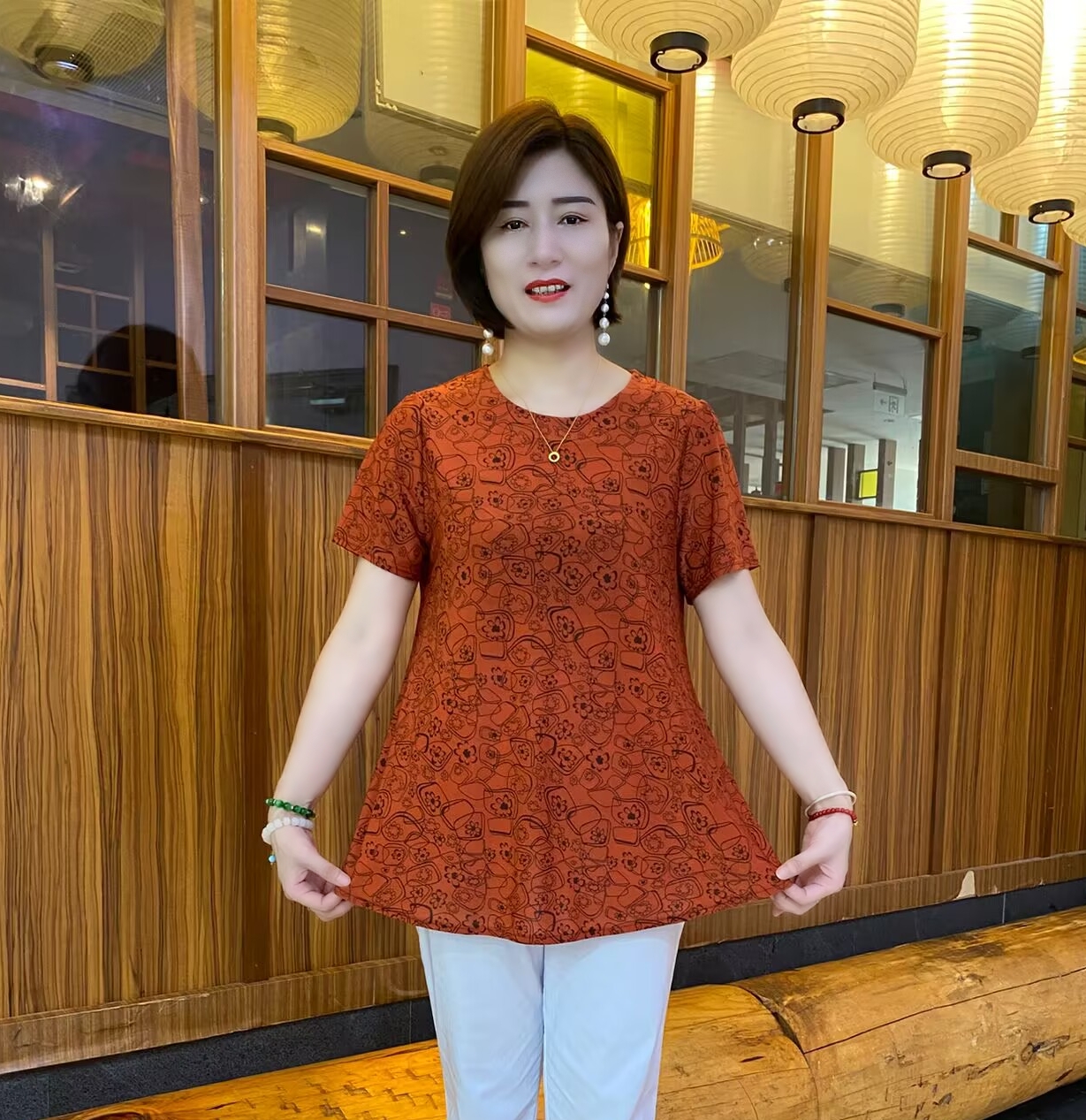 夏季新款圆领宽松显瘦妈妈装薄款女装中长气质上衣