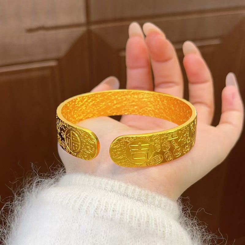 合金手镯 合金手镯 新中式宽版吉言开口纯手工轻奢女款手镯
