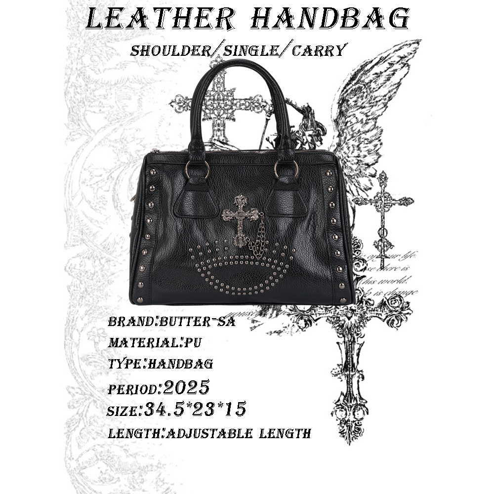 十字荔枝纹2025大容量小众高级感朋克包铆钉手提斜挎包3595