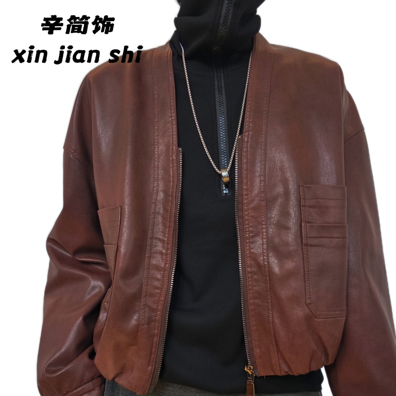 【简简推荐】口袋厚款立领秋季皮夹克外套复古皮衣2552-1