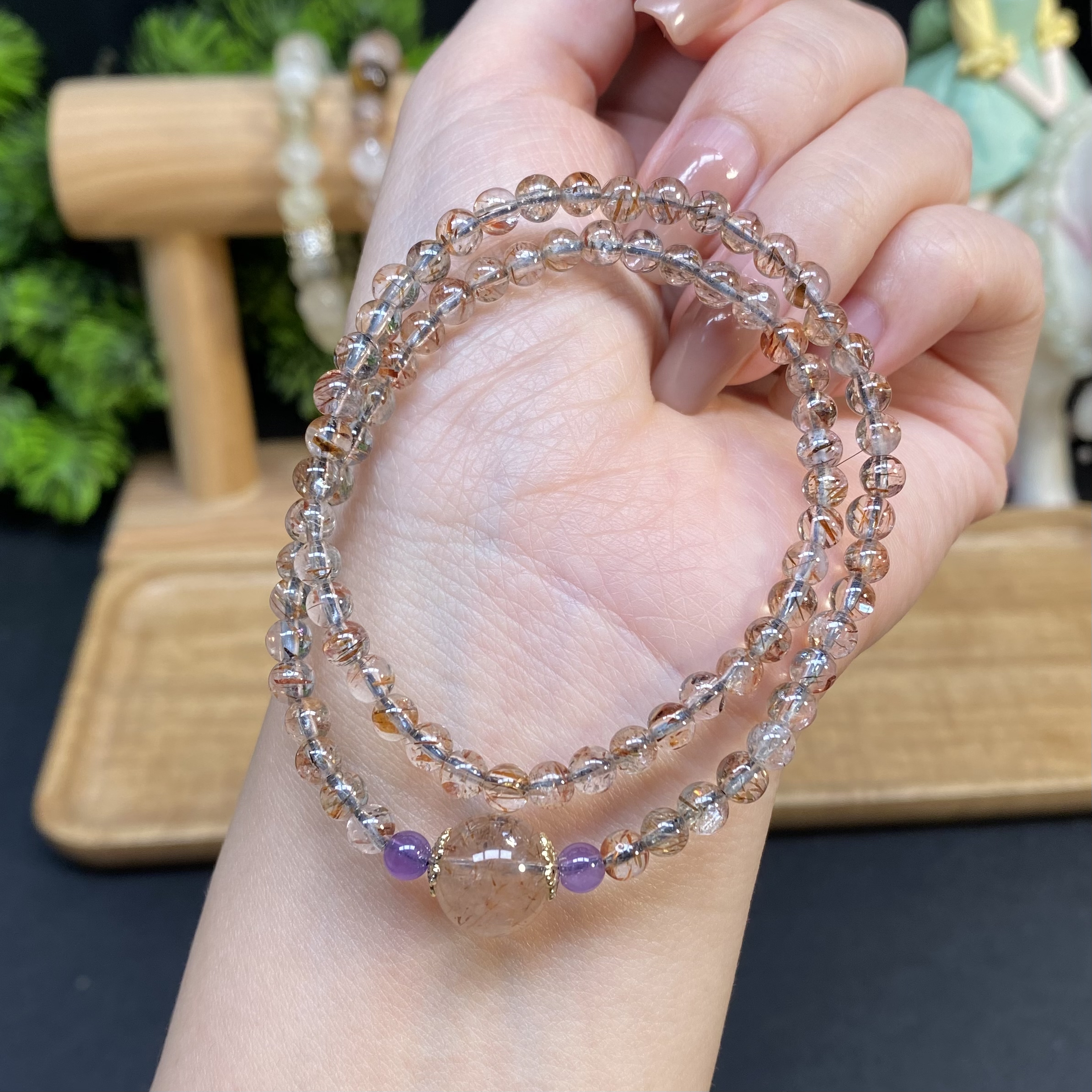 【黑金超七4.4m双圈手串】A1114搭配紫水晶黑金超七大顶珠路路通