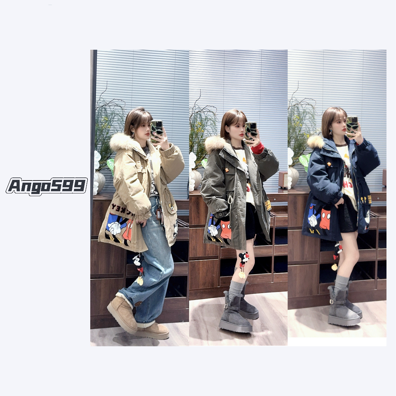 雪域米奇*子毛领工装派克刺绣宽松加厚保暖中长款外套冬季