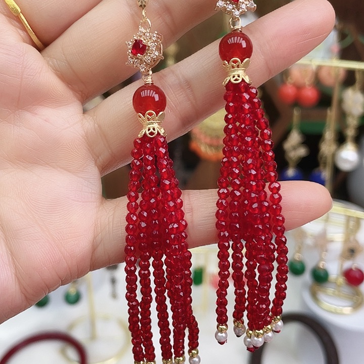 石英质玉耳钉合金红晶晶流苏