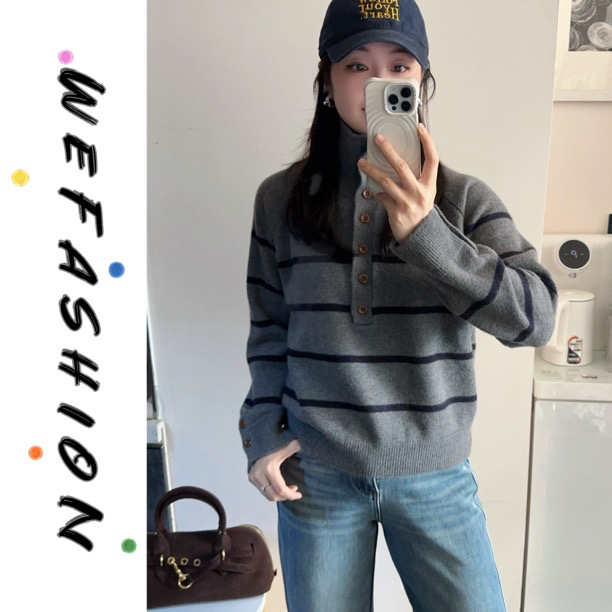【WE】翻领半纽扣条纹套头毛衣