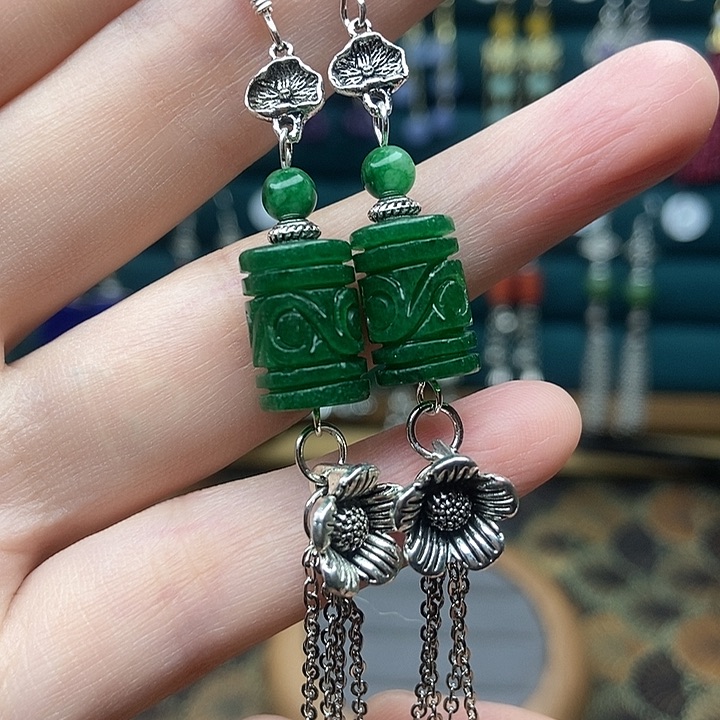 石英质玉耳钉银S925镶嵌