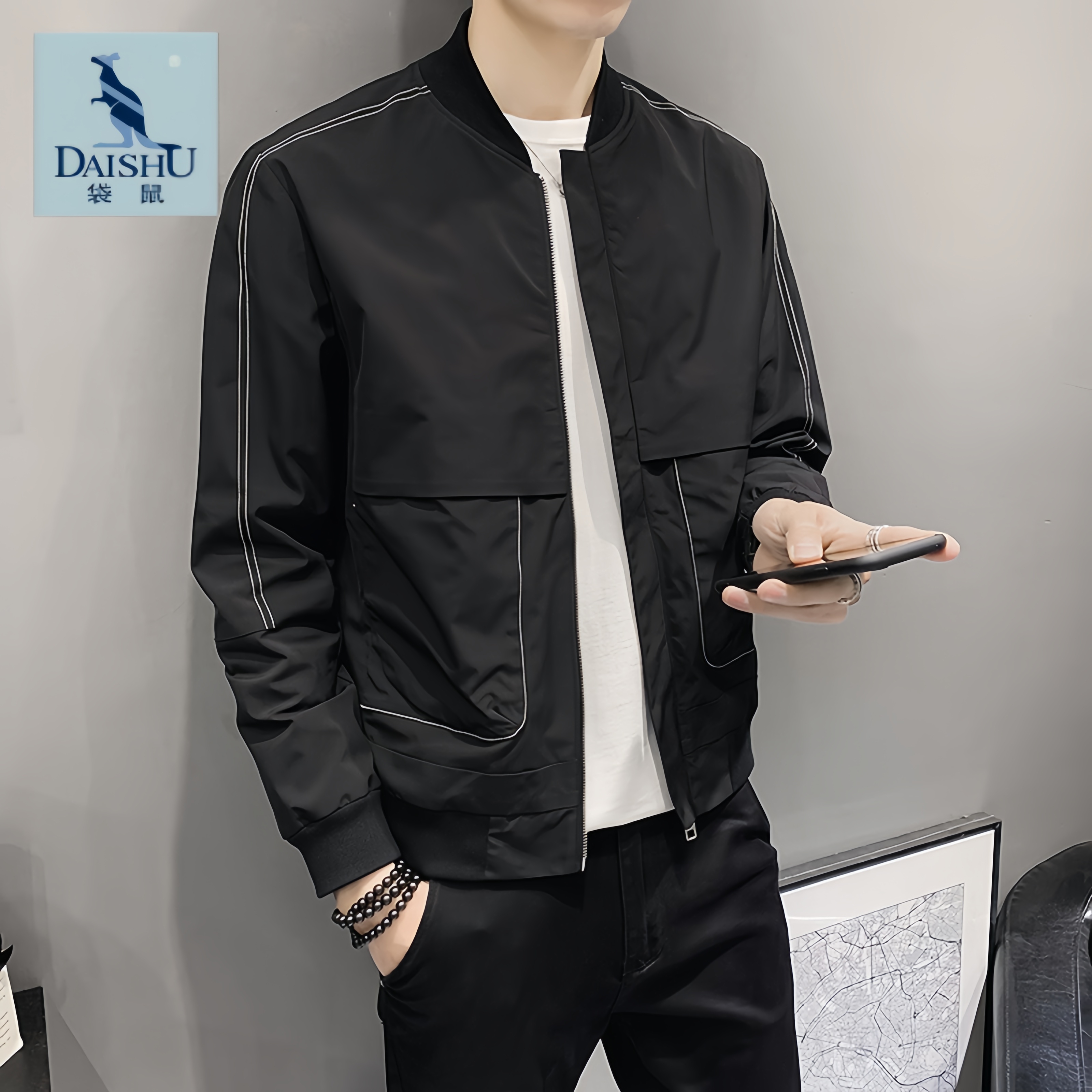 Dai Shu/袋鼠春秋季男士休闲时尚外套潮流薄款修身上衣服百搭夹克