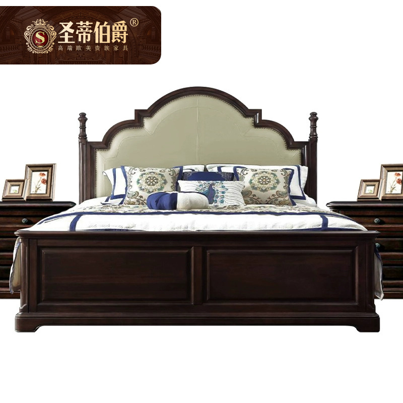 别墅复古美式真皮床高端大气实木床主卧室1.8米双人软包婚床轻奢