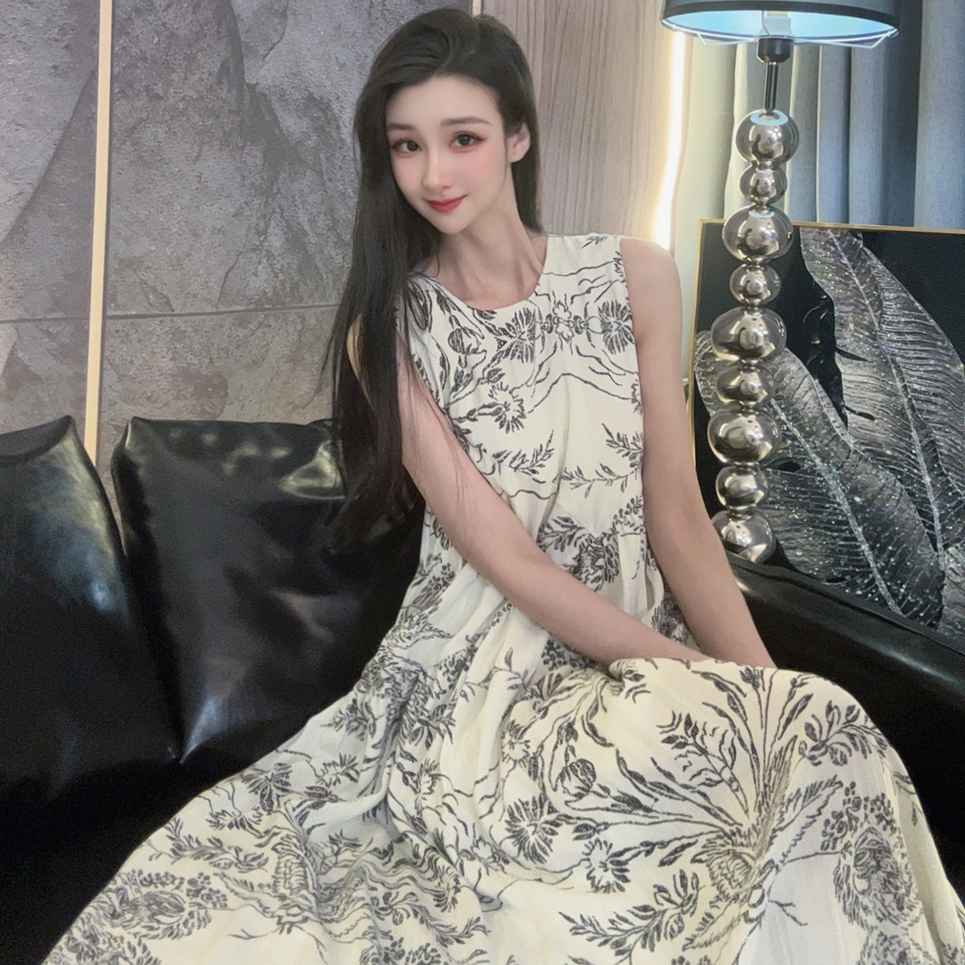 【林仙仙】夏季清新水墨印花法式减龄背心沙滩度假长裙飘逸Y260141