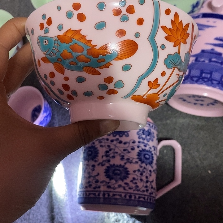 摆件陶5寸红稀土鱼藻红绿彩碗