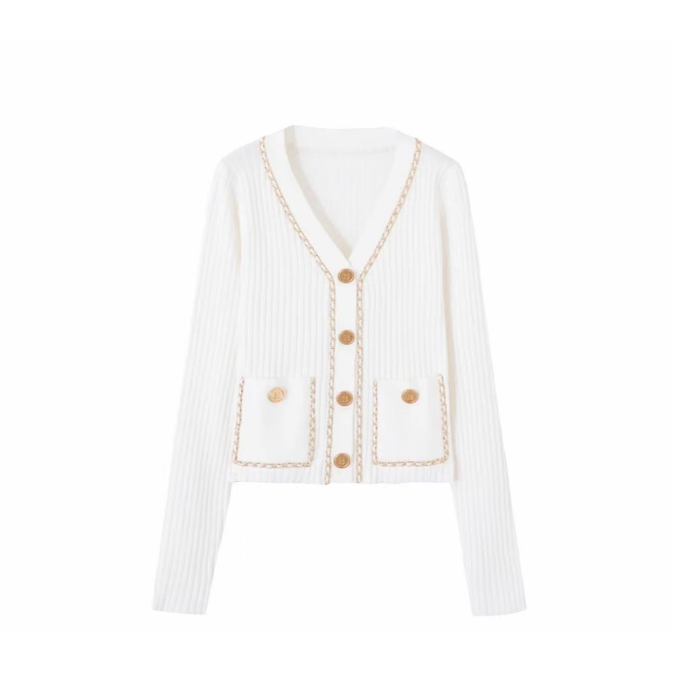 针织女毛针织衫春秋浅米针织开衫小香风白色女装