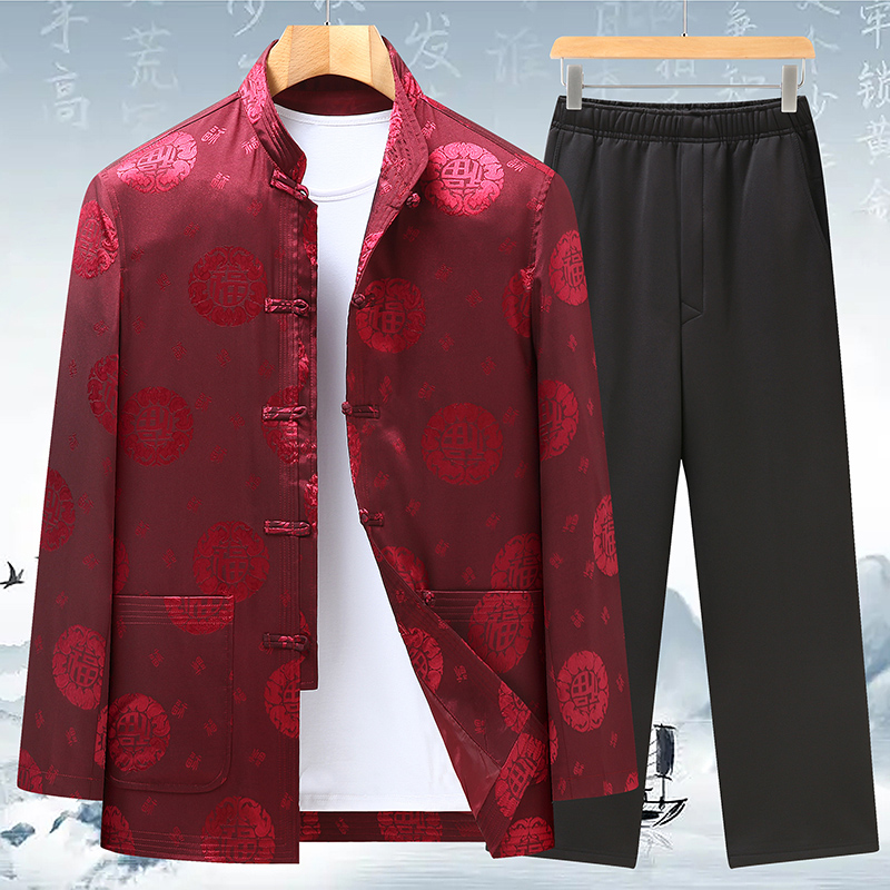 爸爸秋装夹克外套中国风长袖套装50岁60爷爷老人衣服唐装男中老年