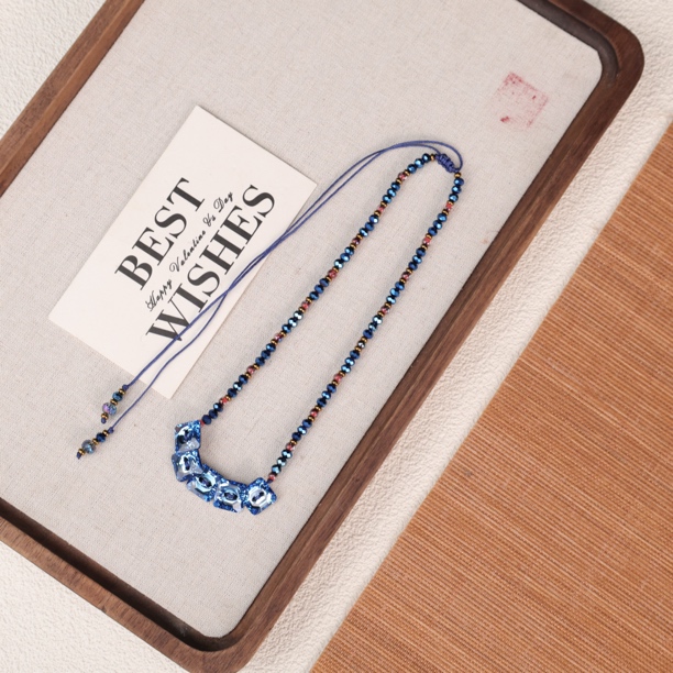 合金项链 LZ3313蓝色银箔方形纽扣绳编琉璃项链