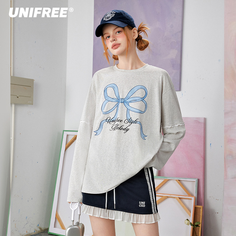 【金拐子专属】UNIFREE蝴蝶结印花长袖T恤蕾丝拼接U251G019C1W1