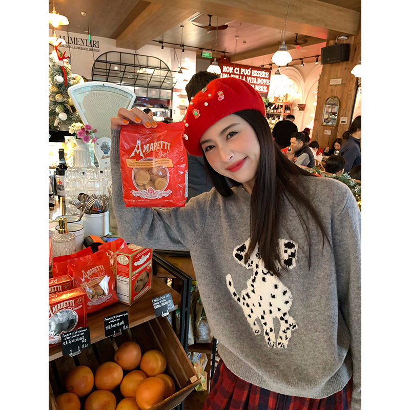 今屿花花 毛衣女款2024新款冬季小个子灰色毛线衣设计感圆领套头