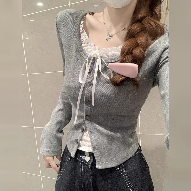 2025新款miu系假两件蕾丝边灰色针织衫长袖女春秋季内搭打底上衣