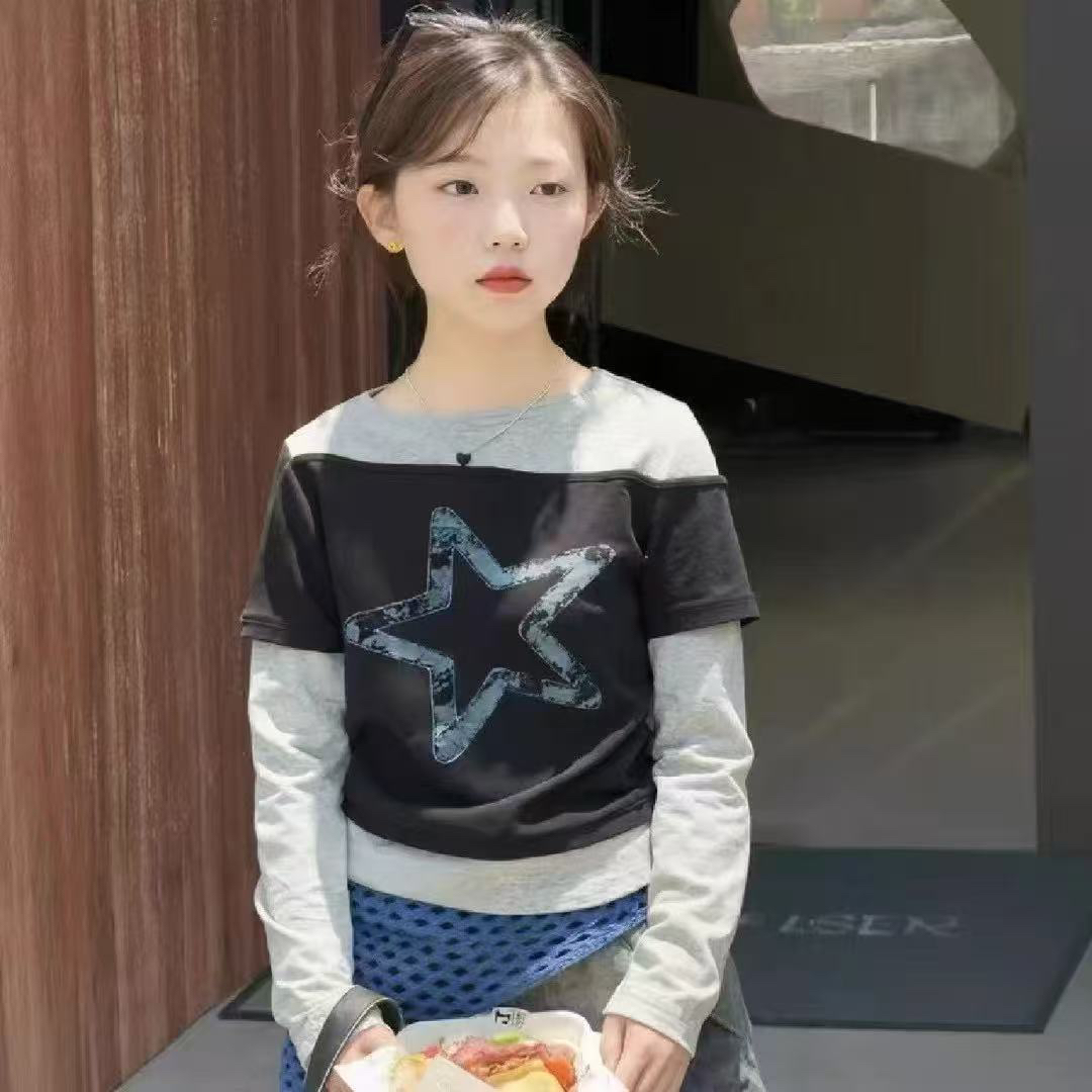 春秋长袖卫衣T恤印花中大童女韩版套装拼色百搭排汗