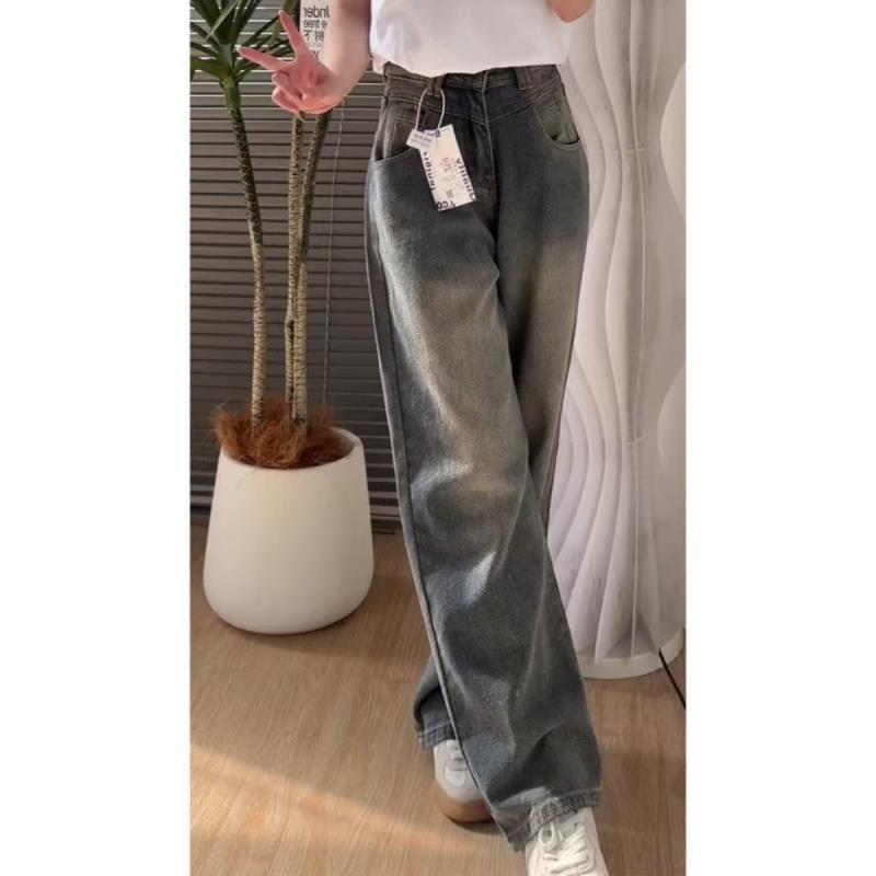 0136星空纹复古阔腿牛仔裤女高腰显瘦宽松大码直筒垂感拖地裤