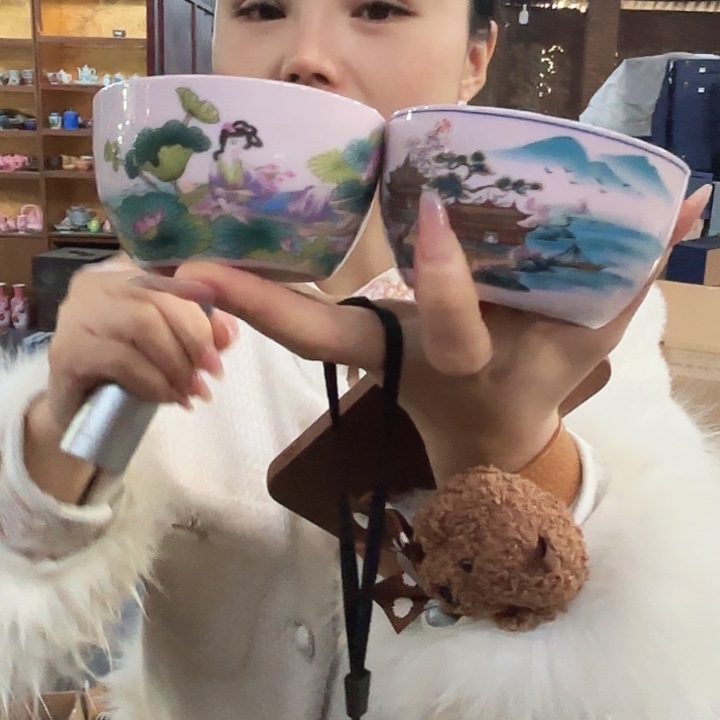 陶摆件景德镇高温陶瓷红希缸杯两个15