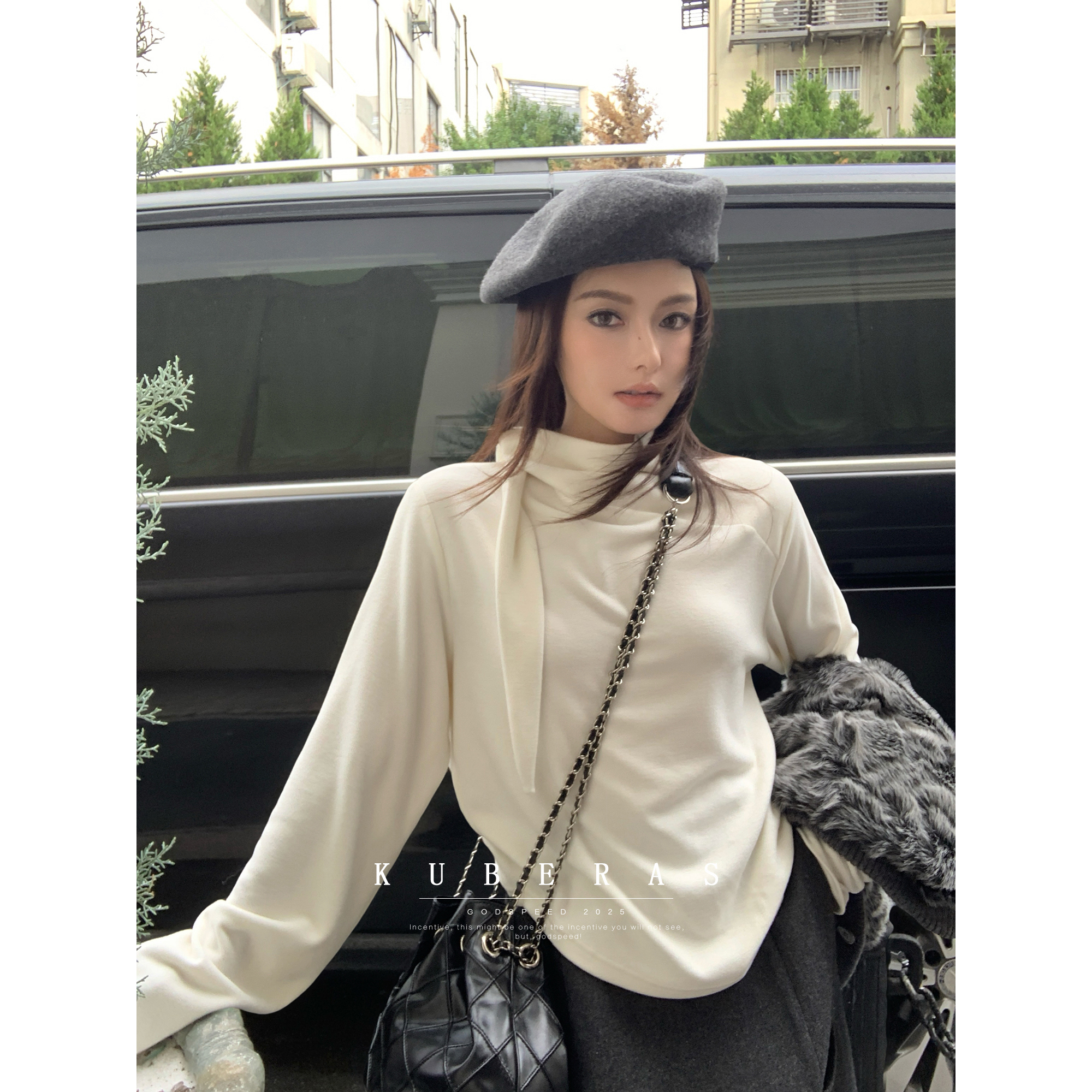 KUBERAS 休闲小众设计感打结长袖抓绒T恤上衣显瘦半高领打底衫