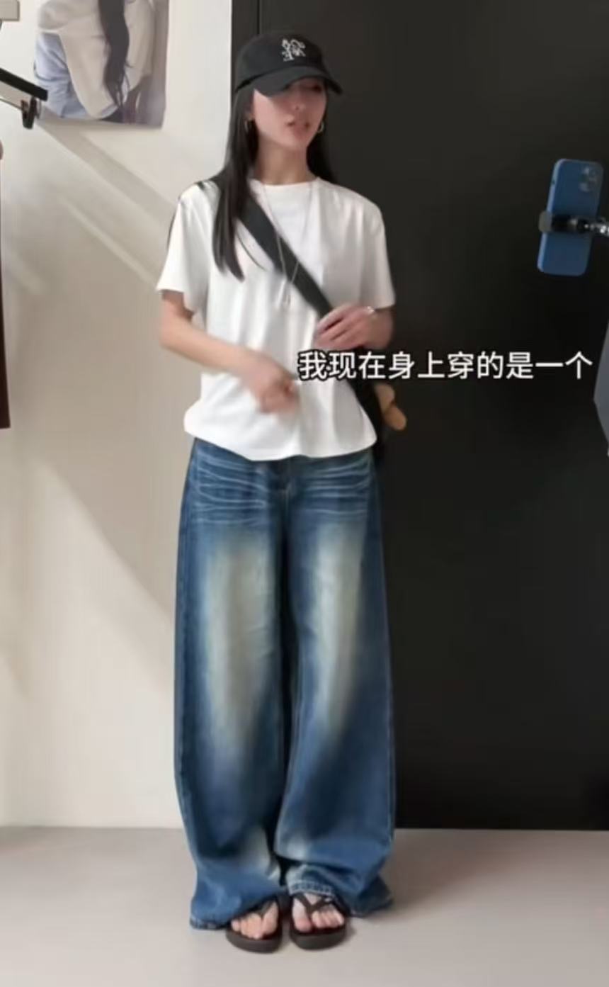 美式复古辣妹潮流牛仔裤女 2025 春季新款折痕设计感阔腿裤