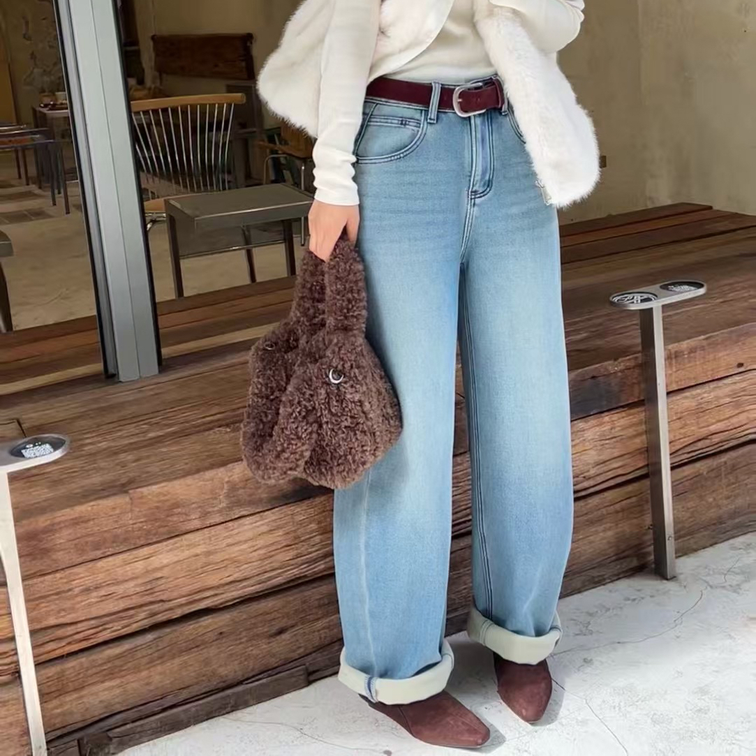 （显瘦王）秋冬加绒高腰窄版阔腿牛仔裤四面弹复合绒新款