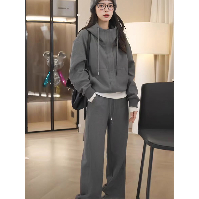 (运补6元）3018窄版阔腿裤小个子定制加绒秋冬运动套装连帽两件套