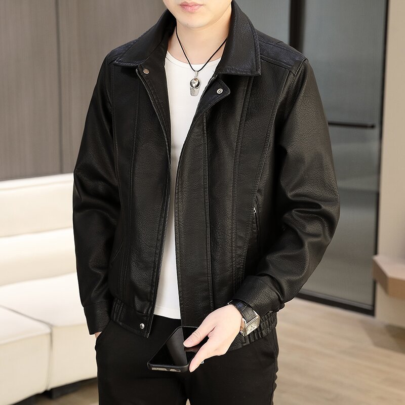 春秋男士潮流时尚百搭痞帅短款修身韩版立体裁剪休闲皮衣夹克外套