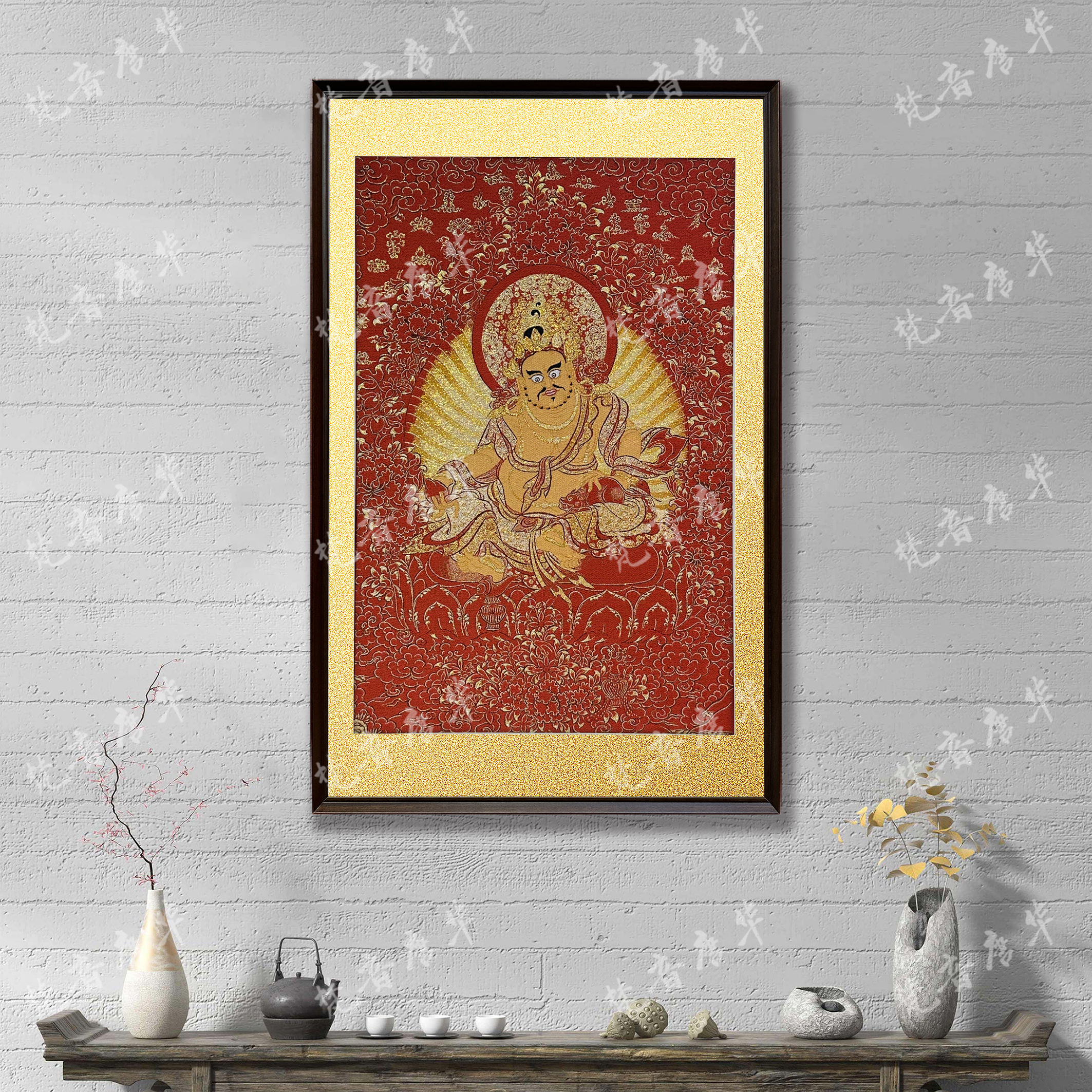 刺绣唐卡【黄财红卡】挂画实木装裱办公室玄关茶室进门迎面墙挂画