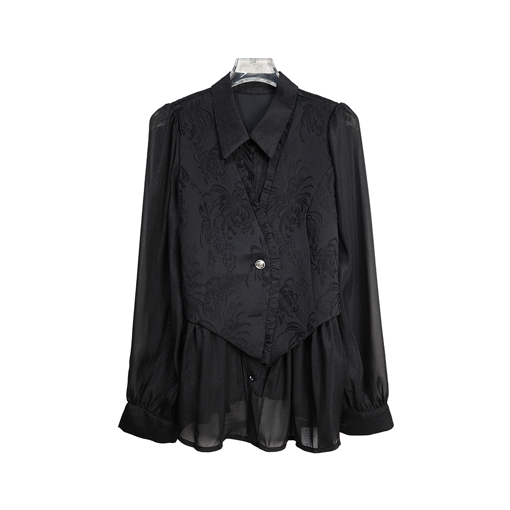 X2636提花拼接假两件衬衫显瘦上衣