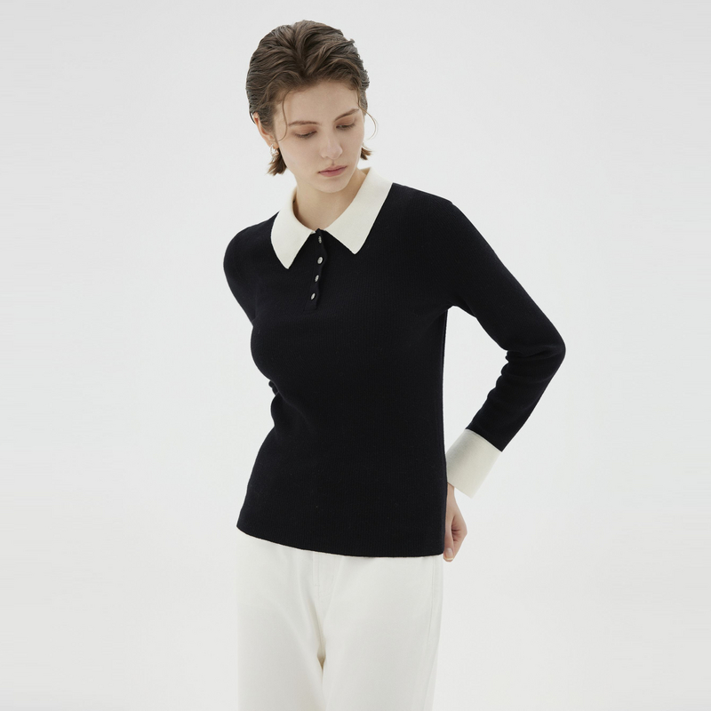 【女装优选KY】【可机绵羊毛】PRICH撞色衬衫领针织上衣女PRKWE4901