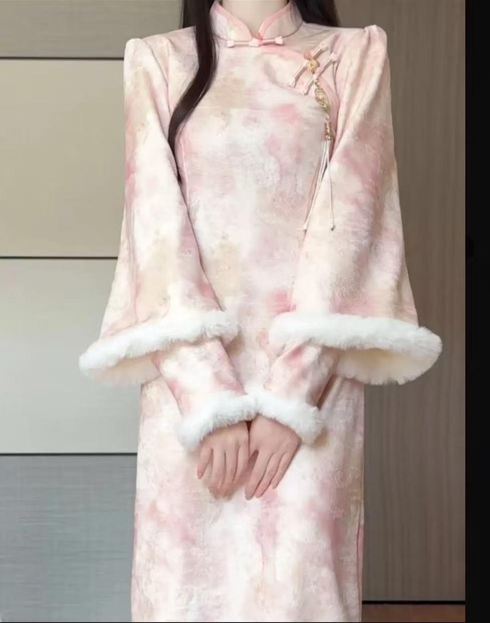 【春庭雪】上上签 冬季新款粉色倒大袖淑女范旗袍加绒新中式日常款