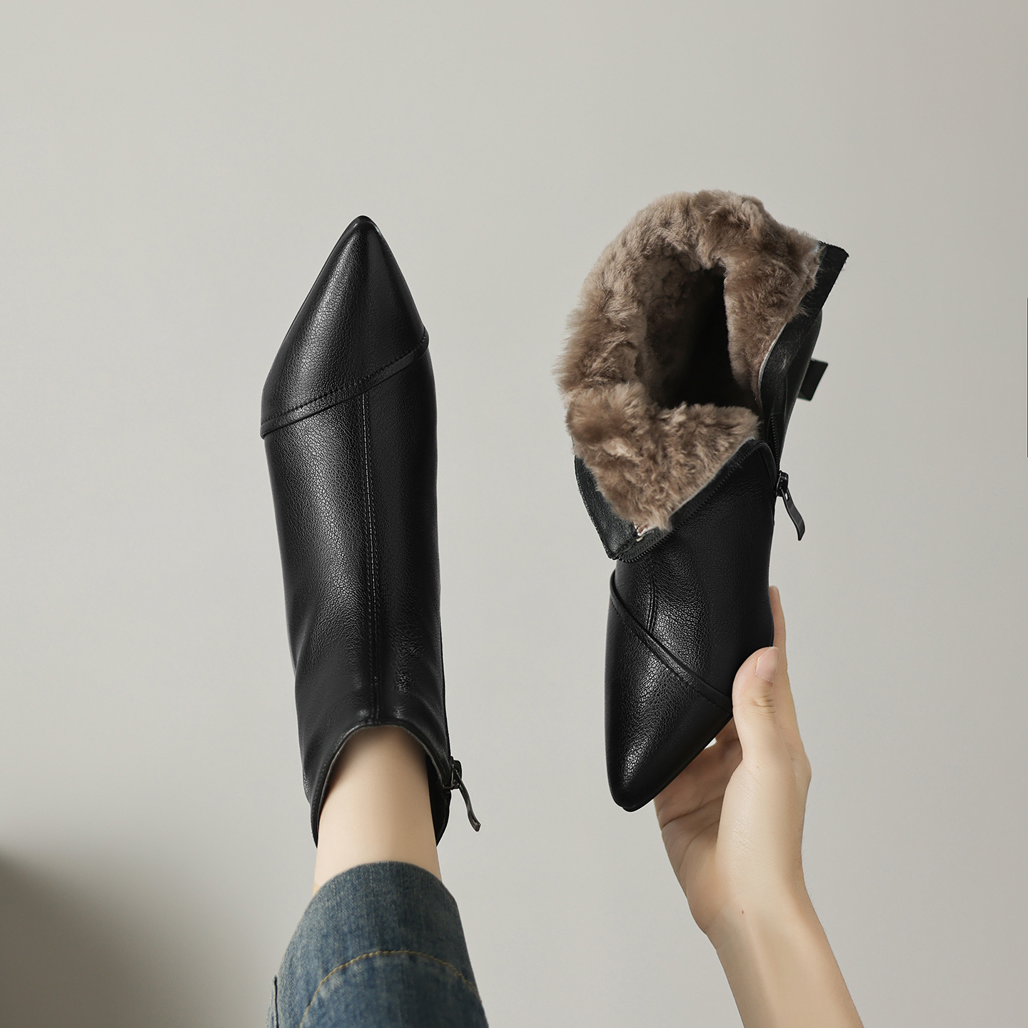 羊皮/跟高3CM/秋冬季侧拉链加厚绒尖头低跟短靴百搭羊羔毛瘦瘦靴