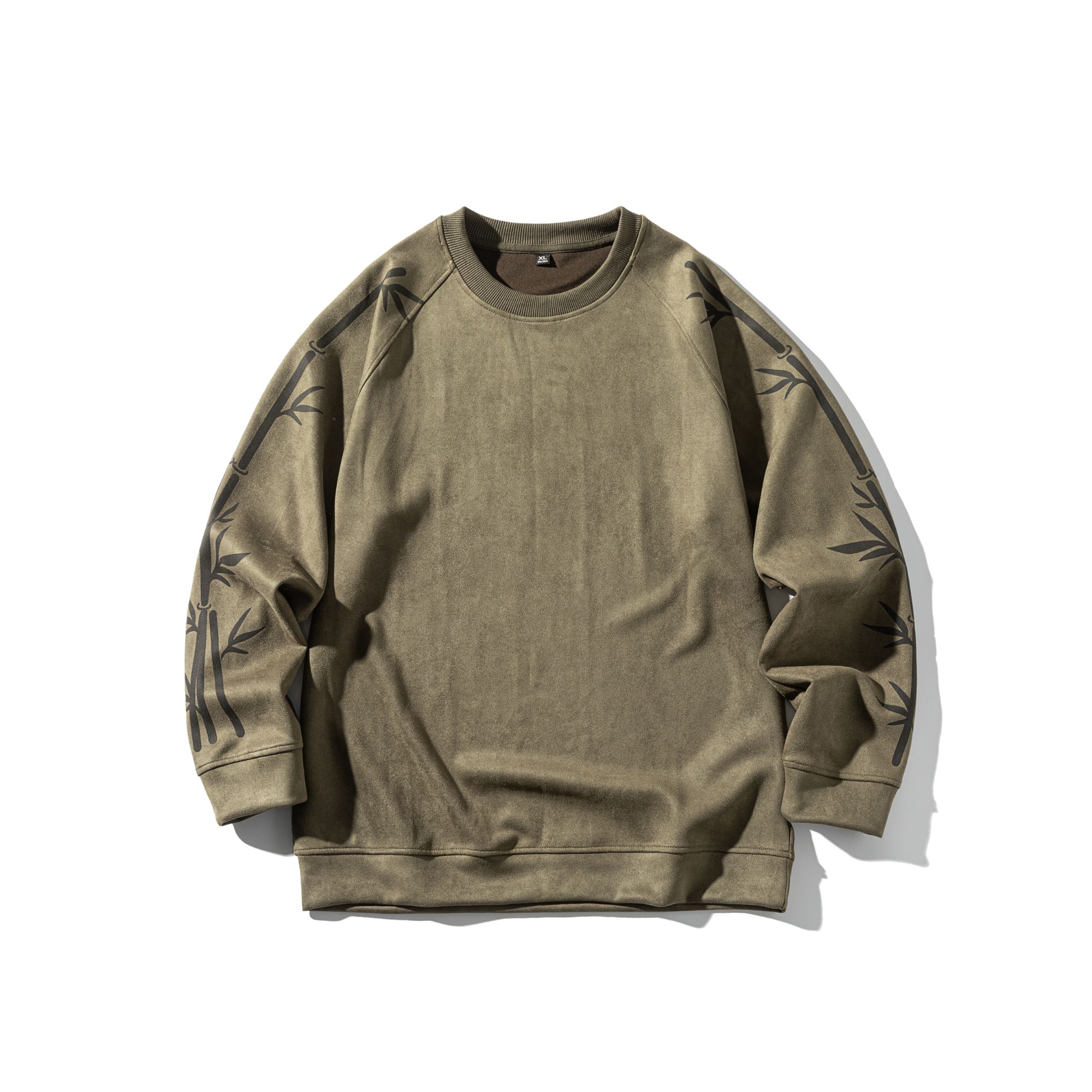 国潮富贵竹图案麂皮绒卫衣男潮牌痞帅重磅宽松潮流设计感圆领上衣