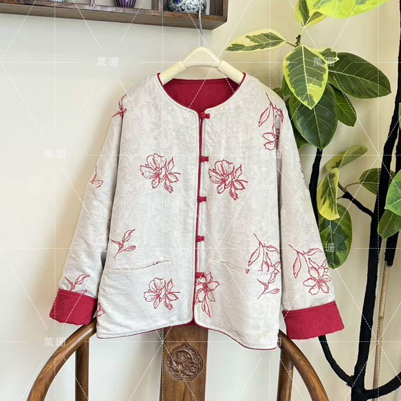 【玉兰红】冬季双面穿复古棉麻刺绣花朵正反两面穿棉衣棉服52657