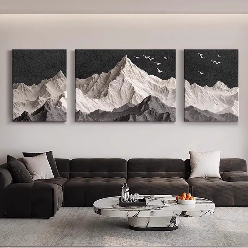 现代新款背有靠山客厅装饰画轻奢高档大气三联壁画沙发背景墙挂画