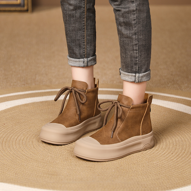 【翔子轻奢】秋冬新款时尚百搭高帮鞋真皮休闲鞋复古厚底鞋子女