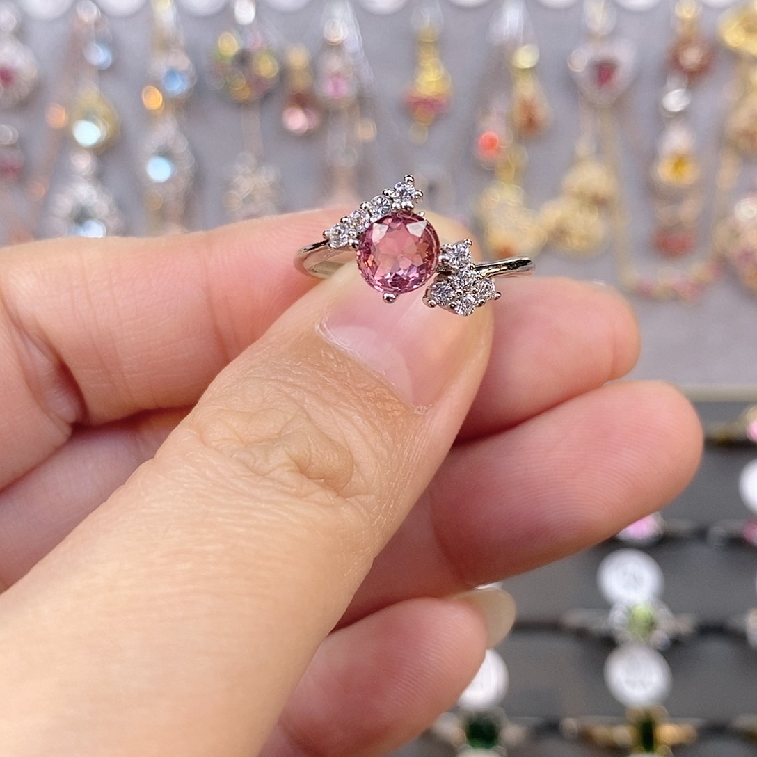 碧玺戒指银S925镶嵌粉