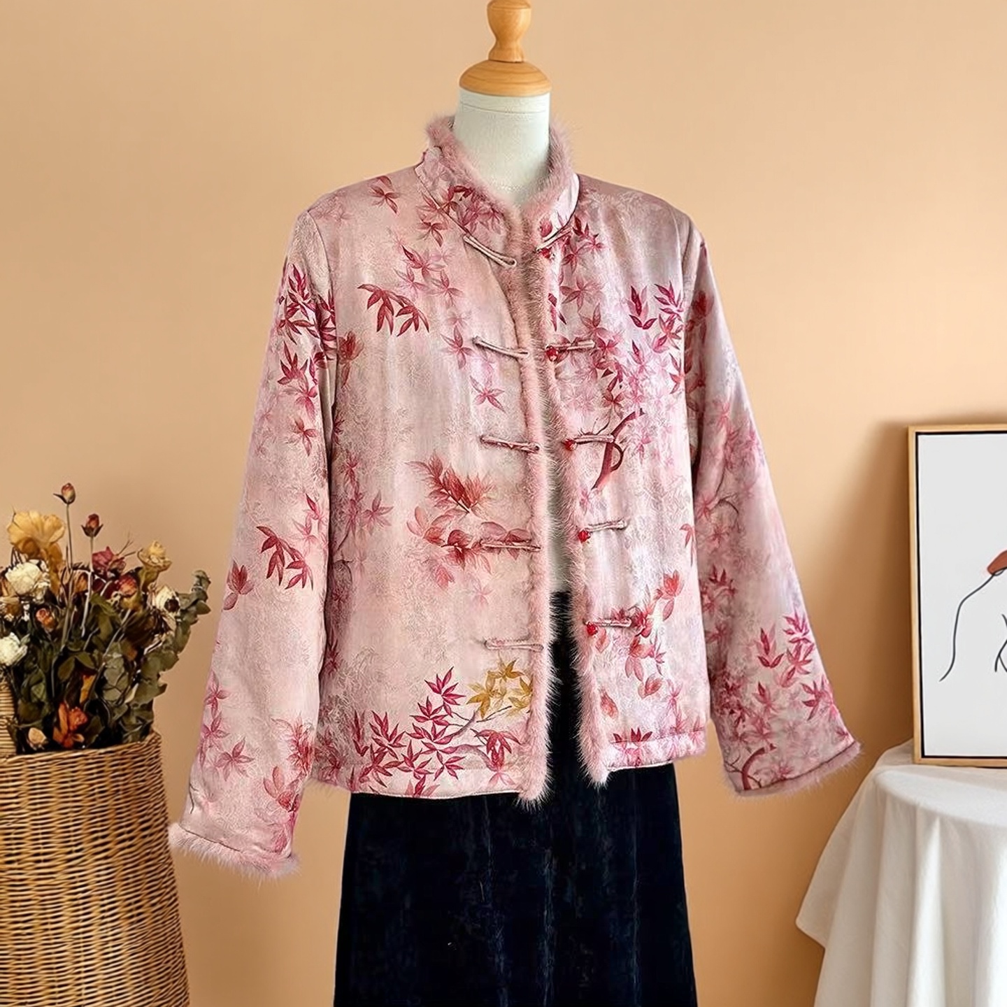 非遗香云纱提花夹棉水貂毛加厚秋冬外套50姆米开衫盘扣上衣524